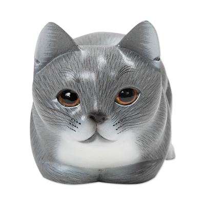 Hand-Painted Suar Wood Figurine of Grey Cat from Bali