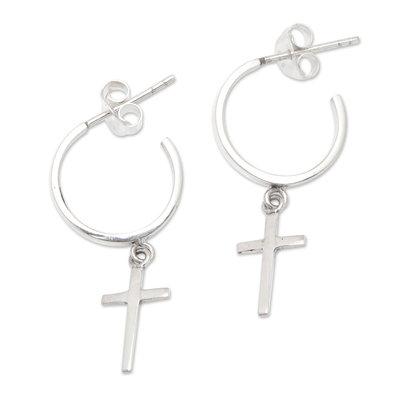 Cross-Themed Modern Sterling Silver Half-Hoop Earrings