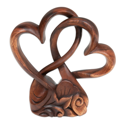 Handmade Heart-Themed Floral and Leafy Suar Wood Sculpture