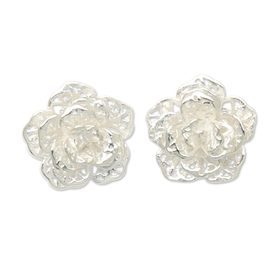 Polished Floral Sterling Silver Button Earrings