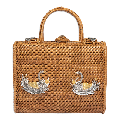 Gold & Silver Accented Natural Fiber Swan Sling Handle Bag