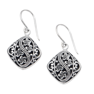 Diamond-Shaped Traditional Floral Dangle Earrings from Bali