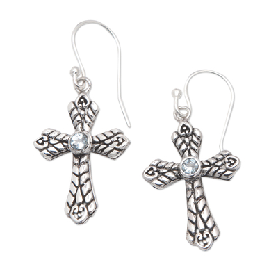 Cross-Shaped Sterling Silver Blue Topaz Dangle Earrings