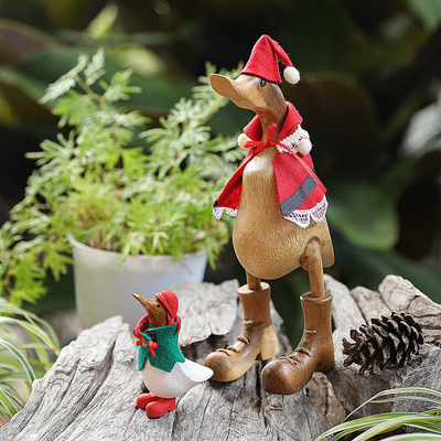 Christmas-Themed Set of 2 Wood Duck Sculptures from Bali