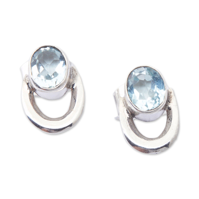 Modern Sterling Silver and Faceted Blue Topaz Stud Earrings