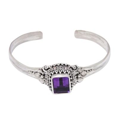 Traditional Floral Two-Carat Faceted Amethyst Cuff Bracelet