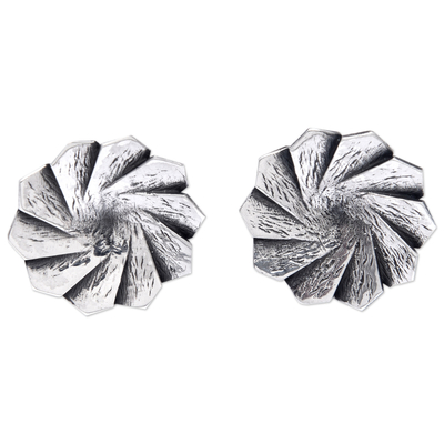 Oxidized Sterling Silver Button Earrings with Wavy Design