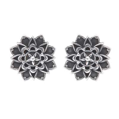 Oxidized Sterling Silver Flower Chakra Button Earrings
