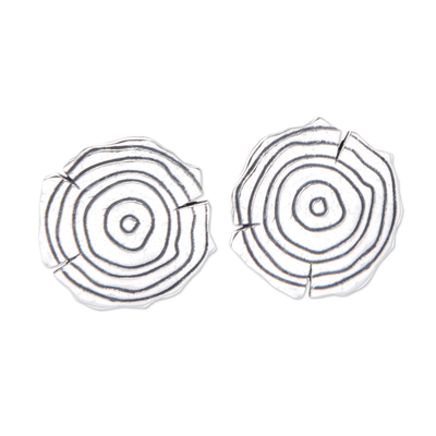 Sterling Silver Button Earrings with Wooden Log Motif