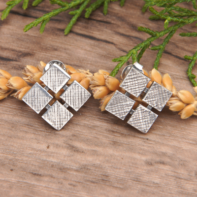 Sterling Silver Rhombus Button Earrings with Textured Finish