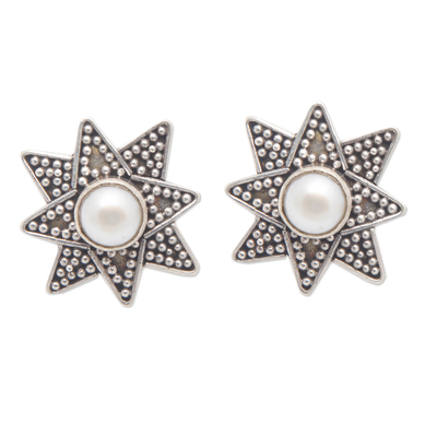 Sterling Silver Star Button Earrings with Cultured Pearls