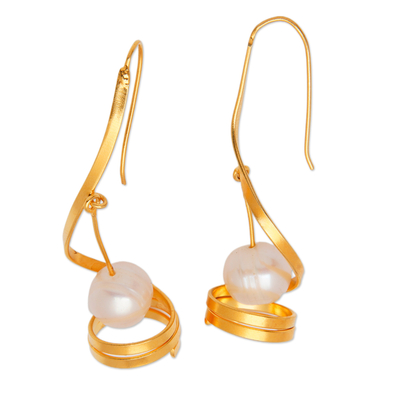 Modern Spiral Gold-Plated Brass Cultured Pearl Drop Earrings