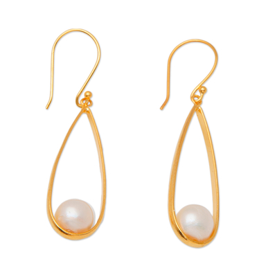 Modern Oval Gold-Plated Brass Cultured Pearl Dangle Earrings