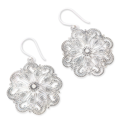 Polished Floral Sterling Silver Filigree Dangle Earrings