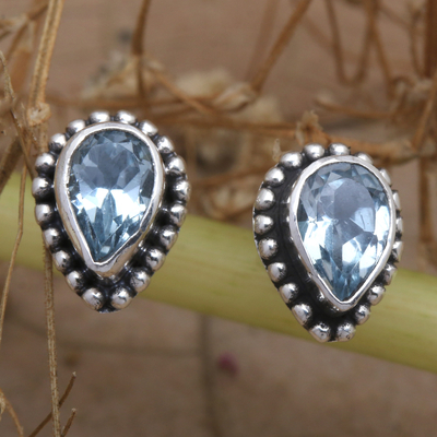 Polished Pear-Shaped Faceted Blue Topaz Stud Earrings