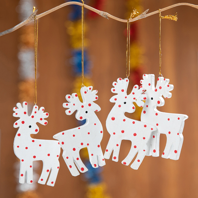 4 Hand-Painted Wood Polka Dot Reindeer Christmas Ornaments