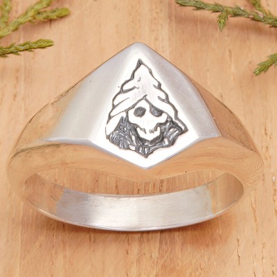 Skull-Themed Polished Sterling Silver Domed Ring from Bali