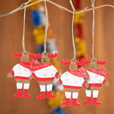 4 Hand-Painted Wood Moose Christmas Ornaments from Bali