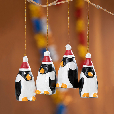 4 Hand-Painted Wood Penguin Christmas Ornaments from Bali