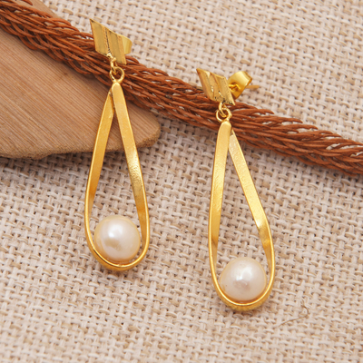 Polished 18k Gold-Plated Cultured Pearl Dangle Earrings