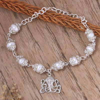 Floral Grey Cultured Pearl Bracelet with Octopus Charm