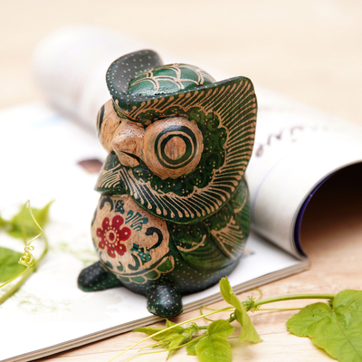 Batik Floral Owlet-Shaped Green Pule Wood Figurine