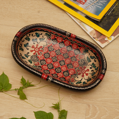 Handmade Batik Oblong-Shaped Red Pule Wood Decorative Bowl