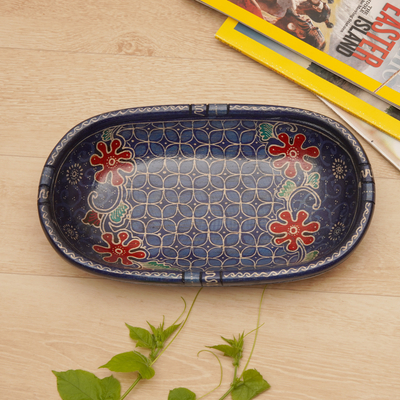 Handmade Batik Oblong-Shaped Blue Pule Wood Decorative Bowl