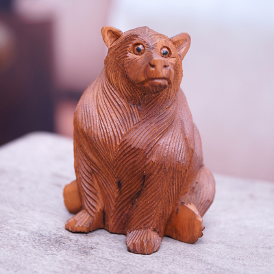 Hand-Carved Bear-Themed Suar Wood Sculpture from Bali