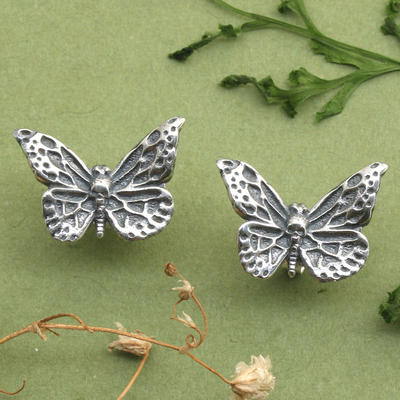 Oxidized Butterfly-Shaped Sterling Silver Button Earrings