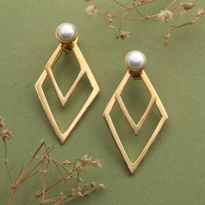 Geometric 18k Gold-Plated Silver-White Pearl Drop Earrings