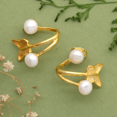 Butterfly 18k Gold-Plated Cultured Pearl Drop Earrings