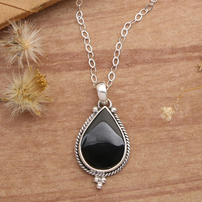 Sterling Silver Onyx Pendant Necklace with Torsade Accents