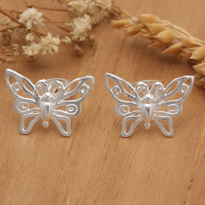 Matte Butterfly-Shaped Sterling Silver Button Earrings