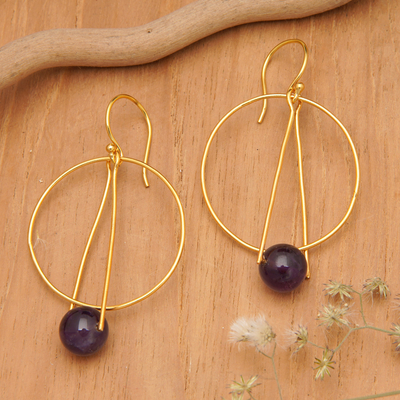Modern 18k Gold-Plated Amethyst Dangle Earrings from Bali