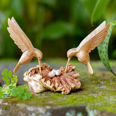 Handmade Wood Hummingbird Sculpture with Mushroom-Like Base