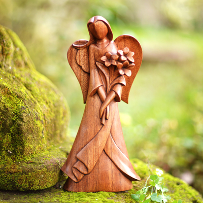Angel-Themed Floral Suar Wood Sculpture from Bali