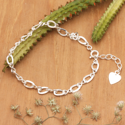 Romantic Sterling Silver Link Bracelet with Heart Charm