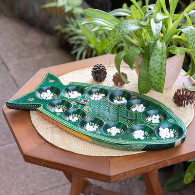 Foldable Fish-Shaped Batik Wood Mancala Board Game Set