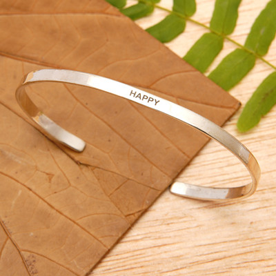 Polished Minimalist Sterling Silver Happy Cuff Bracelet