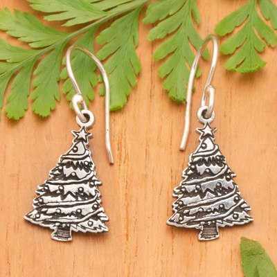 Christmas Tree-Shaped Sterling Silver Dangle Earrings