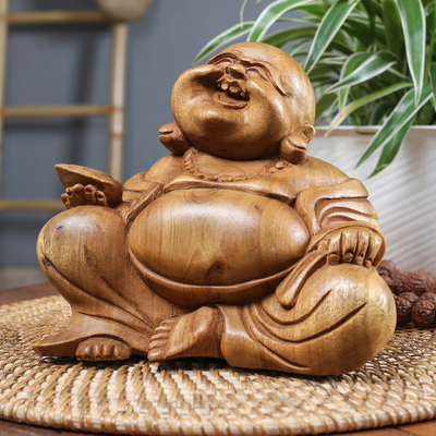 Suar Wood Sculpture of Laughing Buddha Hand-Carved in Bali