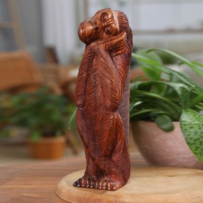 Whimsical Suar Wood Monkey Sculpture Hand-Carved in Bali