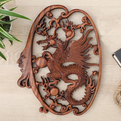 Hand-Carved Classic Suar Wood Moon and Dragon Relief Panel