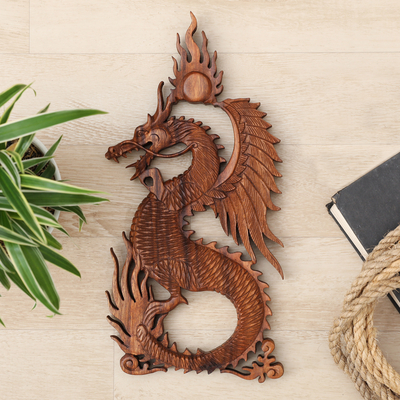 Hand-Carved Traditional Suar Wood Fire Dragon Relief Panel