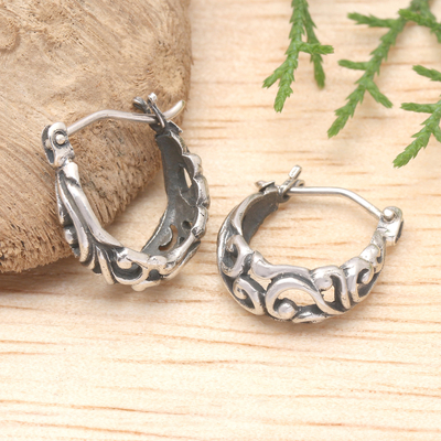 Polished and Oxidized Windy Sterling Silver Hoop Earrings