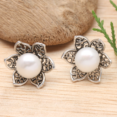 Floral Natural Silver-White Cultured Pearl Button Earrings