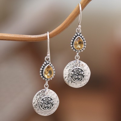 Textured Sterling Silver Pear-Shaped Citrine Dangle Earrings
