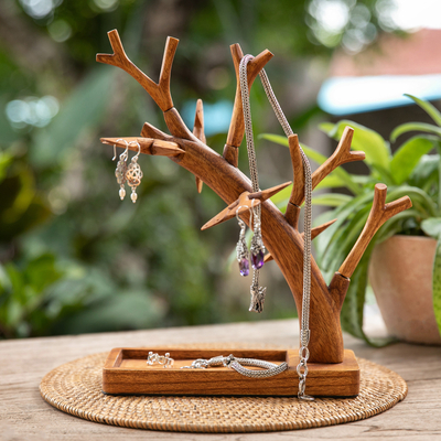 Tree-Shaped Natural Brown Jempinis Wood Jewelry Stand