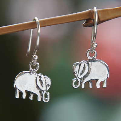 Polished Elephant-Themed Sterling Silver Dangle Earrings